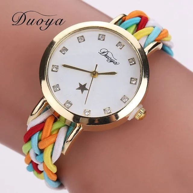 2017 New Fashion Women Gold Braided Leather Wrist Watch For Women Ladies Dress Star Crystal Luxury Crystal Quartz Watch Clock