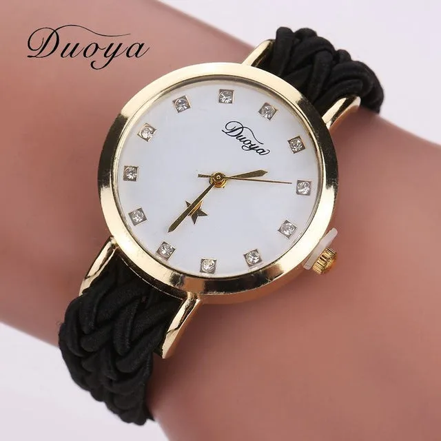 2017 New Fashion Women Gold Braided Leather Wrist Watch For Women Ladies Dress Star Crystal Luxury Crystal Quartz Watch Clock