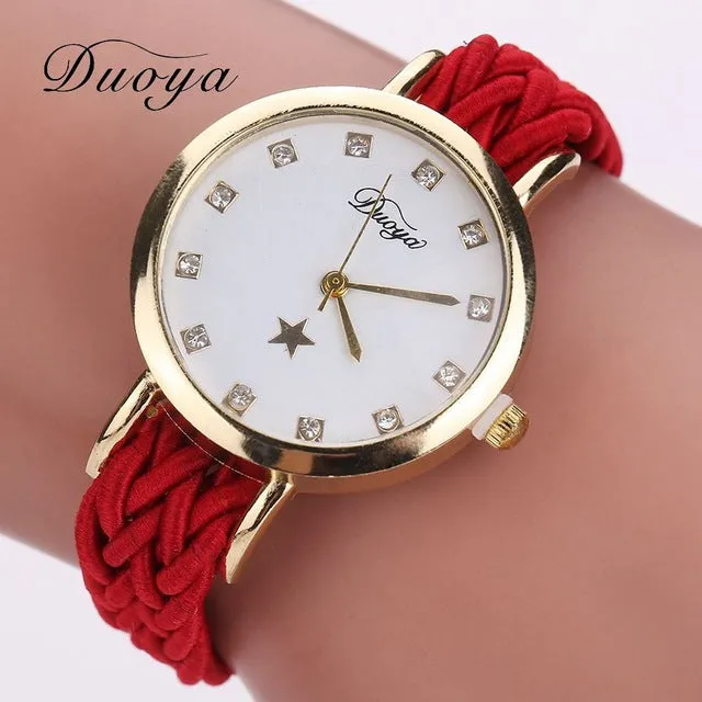 2017 New Fashion Women Gold Braided Leather Wrist Watch For Women Ladies Dress Star Crystal Luxury Crystal Quartz Watch Clock