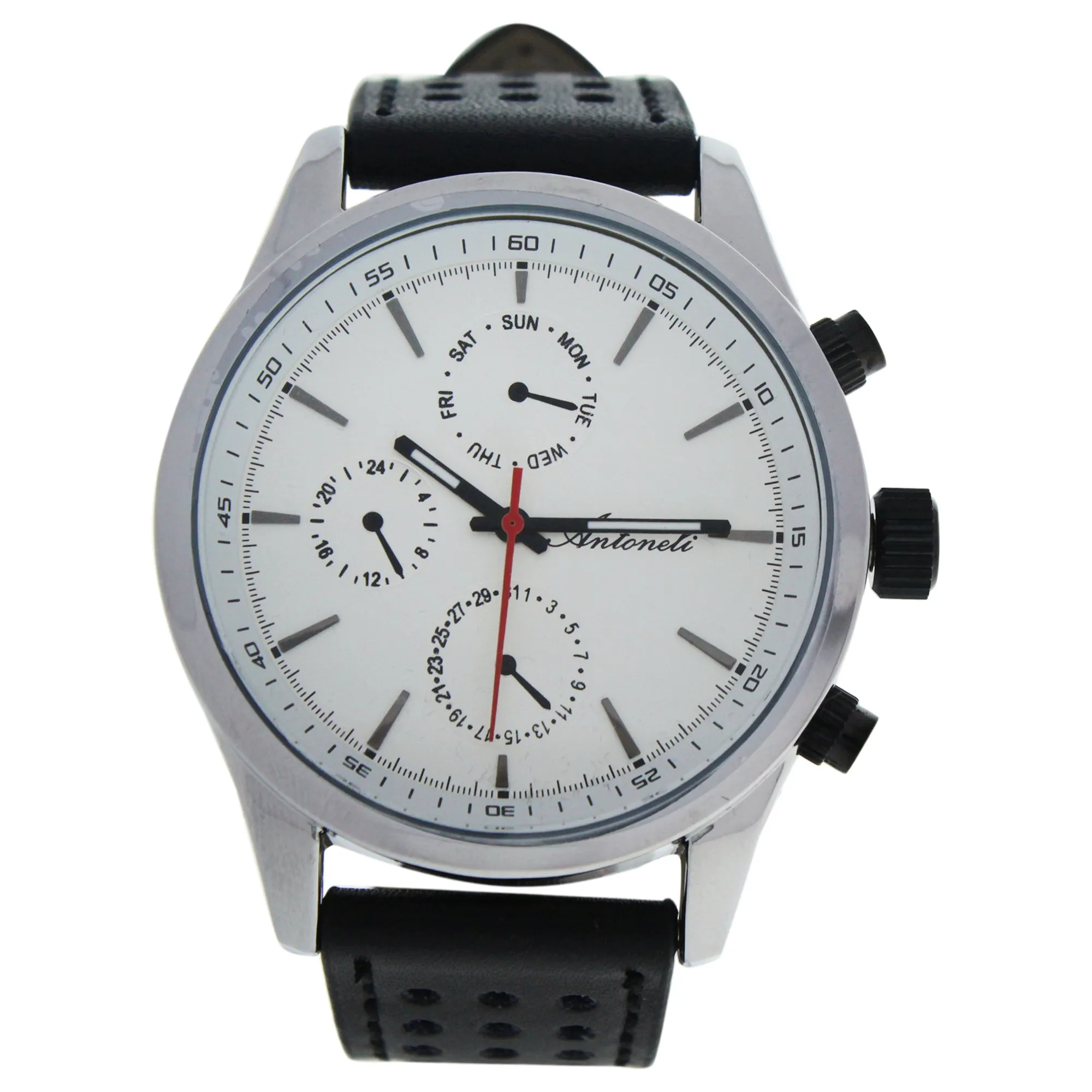 Antoneli AG0308-01  Analog Wrist Watch for Men | Silver Steel Case | White Dial | Genuine Black Leather Strap