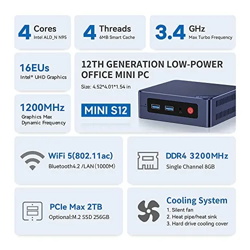 Beelink MINIS 12 Mini PC with Processor N95 (4C/4T), 8G DDR4/256G SSD 4K UHD, Dual HDMI Ports, WiFi5, BT4.2 Gigabit Ethernet Micro Computer Support Auto Power On, WOL