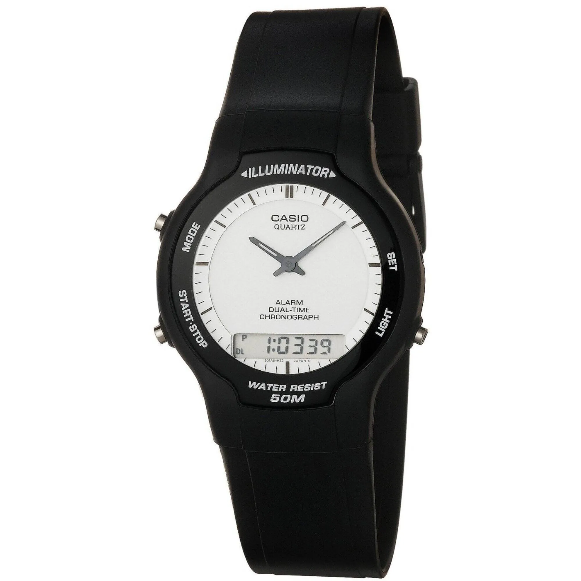 Casio Men's Watch - Dual Time Analog Digital White Dial Black Resin Strap | AW43-7E1