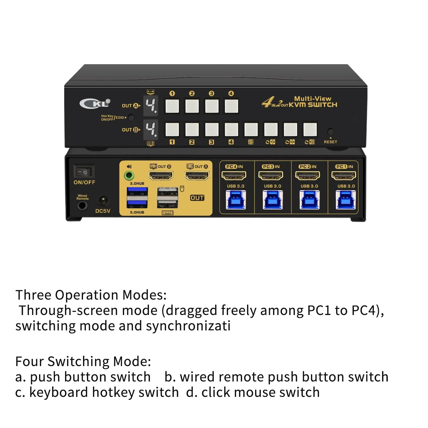 CKL 4 Port HDMI Split Multi-View KVM Switch Dual Monitor with Cables Supports Single-Screen, Dual-Screen, Quad-Screen Modes, Split and PIP Function, Hotkey Switching 42MVKVM-A