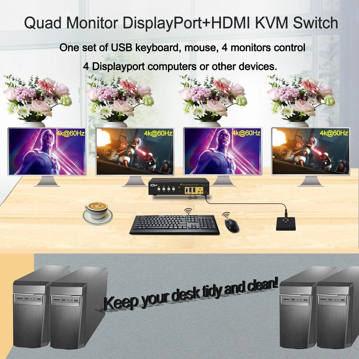 CKL 4 Port KVM Switch Quad Monitor DisplayPort 4K 60Hz for 4 Computers 4 Monitors, 2 DP Input to 2 DP  2 HDMI  Outputs for Each PC via DP 1.4 MST (644DH-MST)