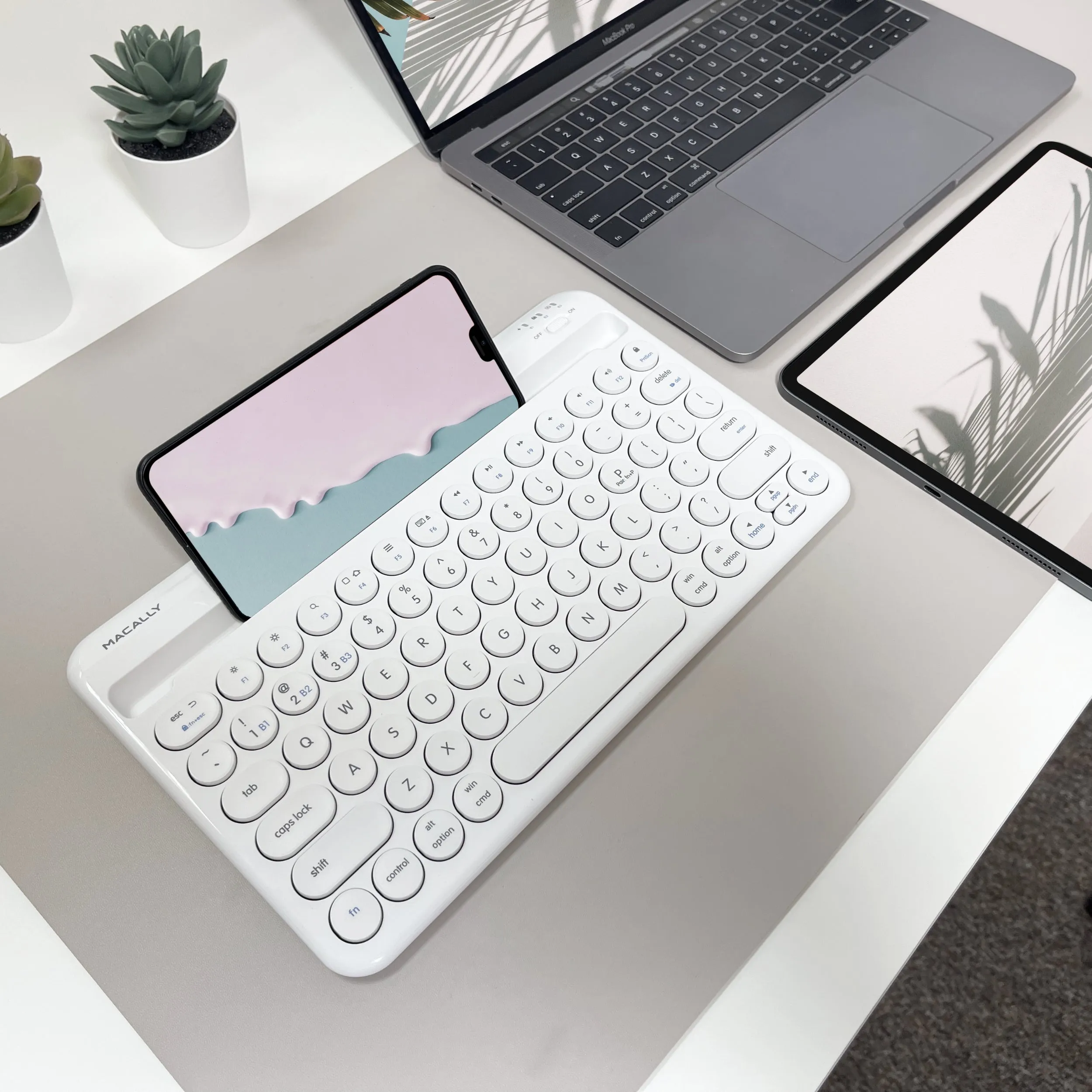 Compact Bluetooth Keyboard for Mac with iPhone or iPad Holder (White)