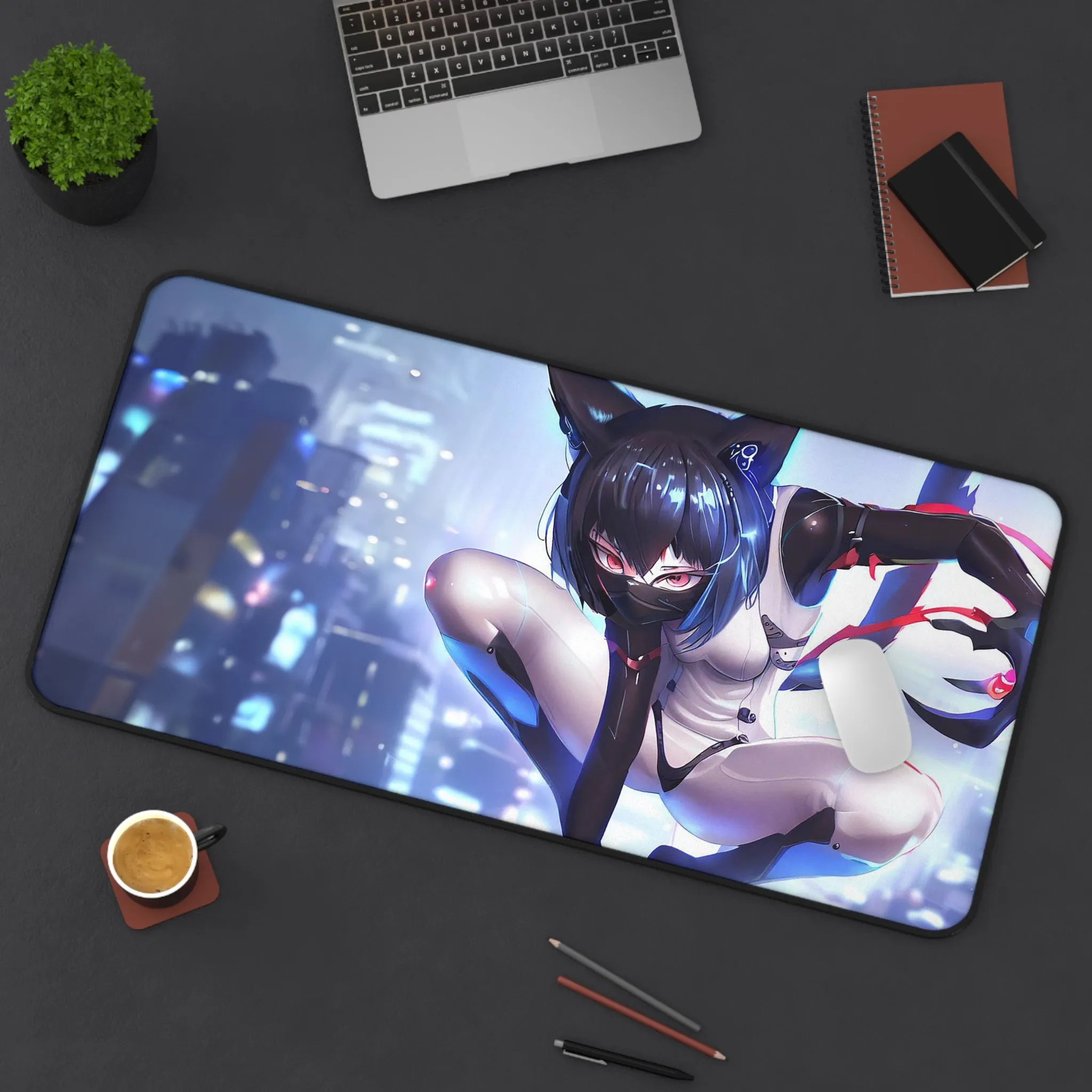 Cyborg Cat Girl Large Mouse Pad