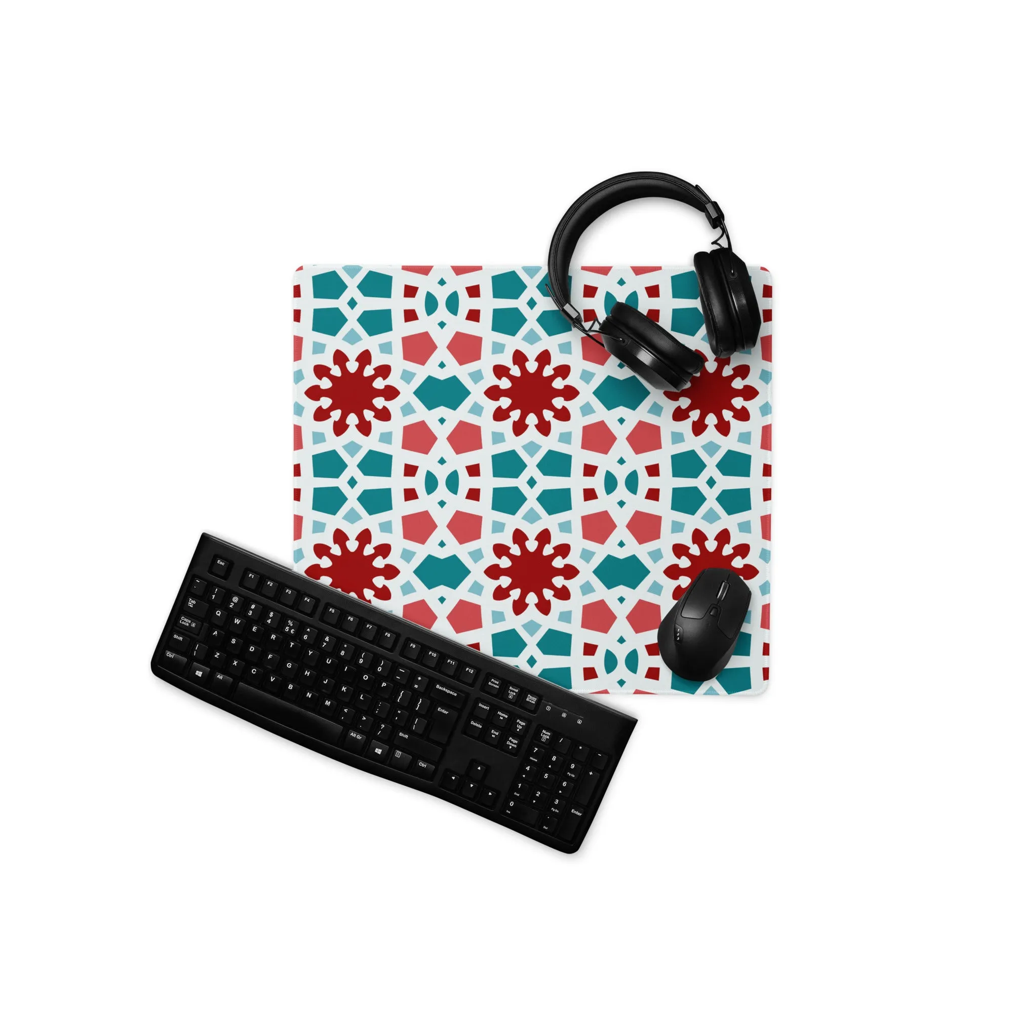 Desk Pad - Geometric Arabesque in Red and Teal