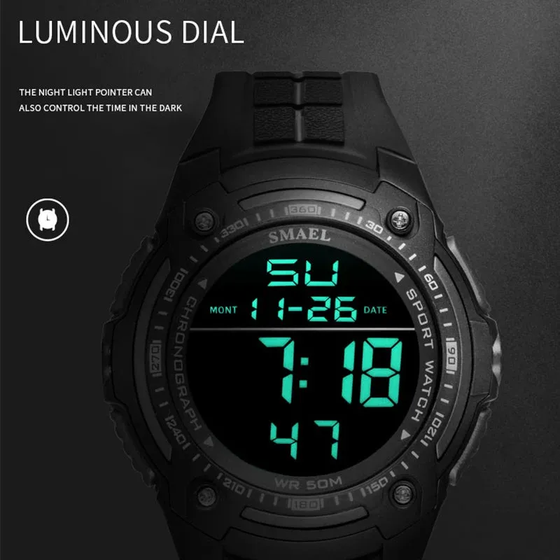 Digital Watches SMAEL Top Brand Luxury Clock 50M Waterproof Watch Led Light Stopwatch reloj hombre 1377 Black Wristwatches Men