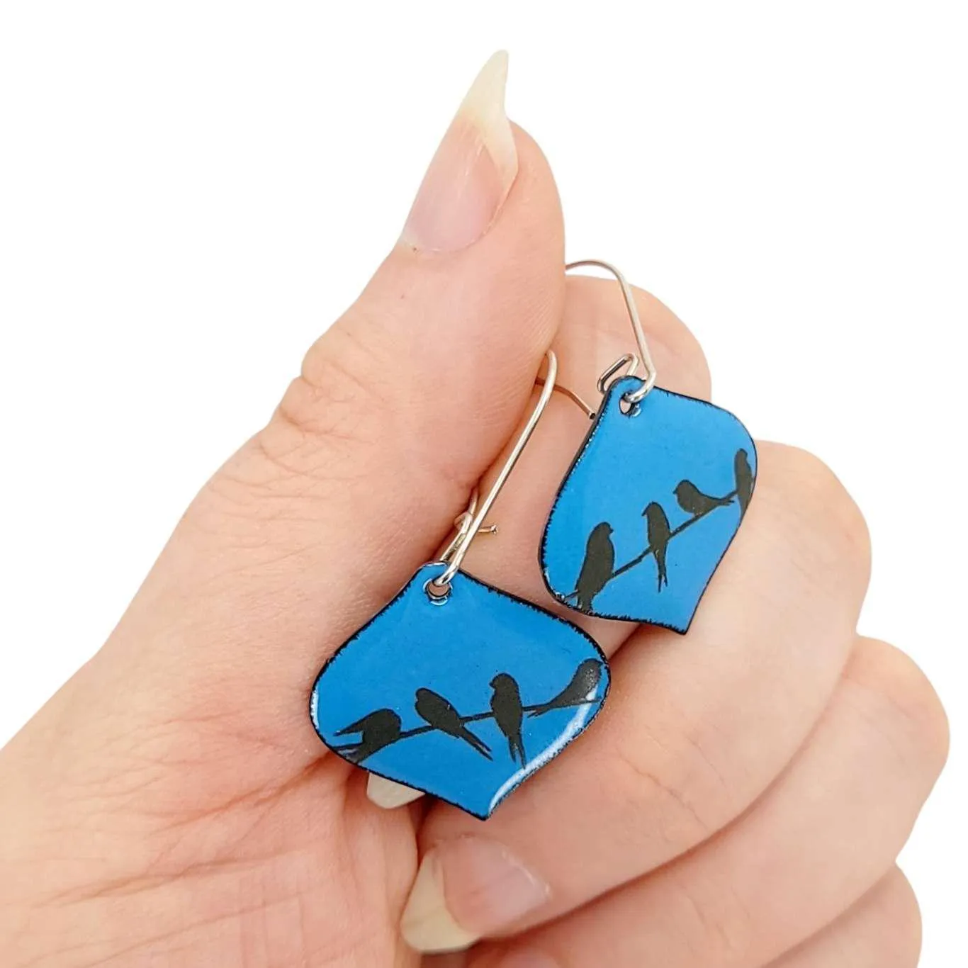 Earrings - Ogee Birds on a Wire over Blue Background by Magpie Mouse Studios