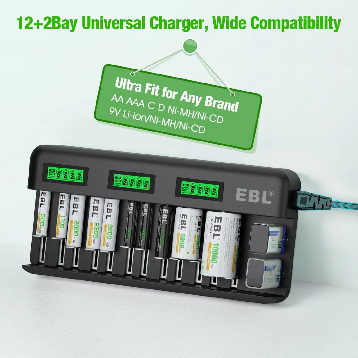 EBL 12 2 Bay Universal Battery Charger and 1.2V AA AAA Ni-Mh Rechargeable Batteries