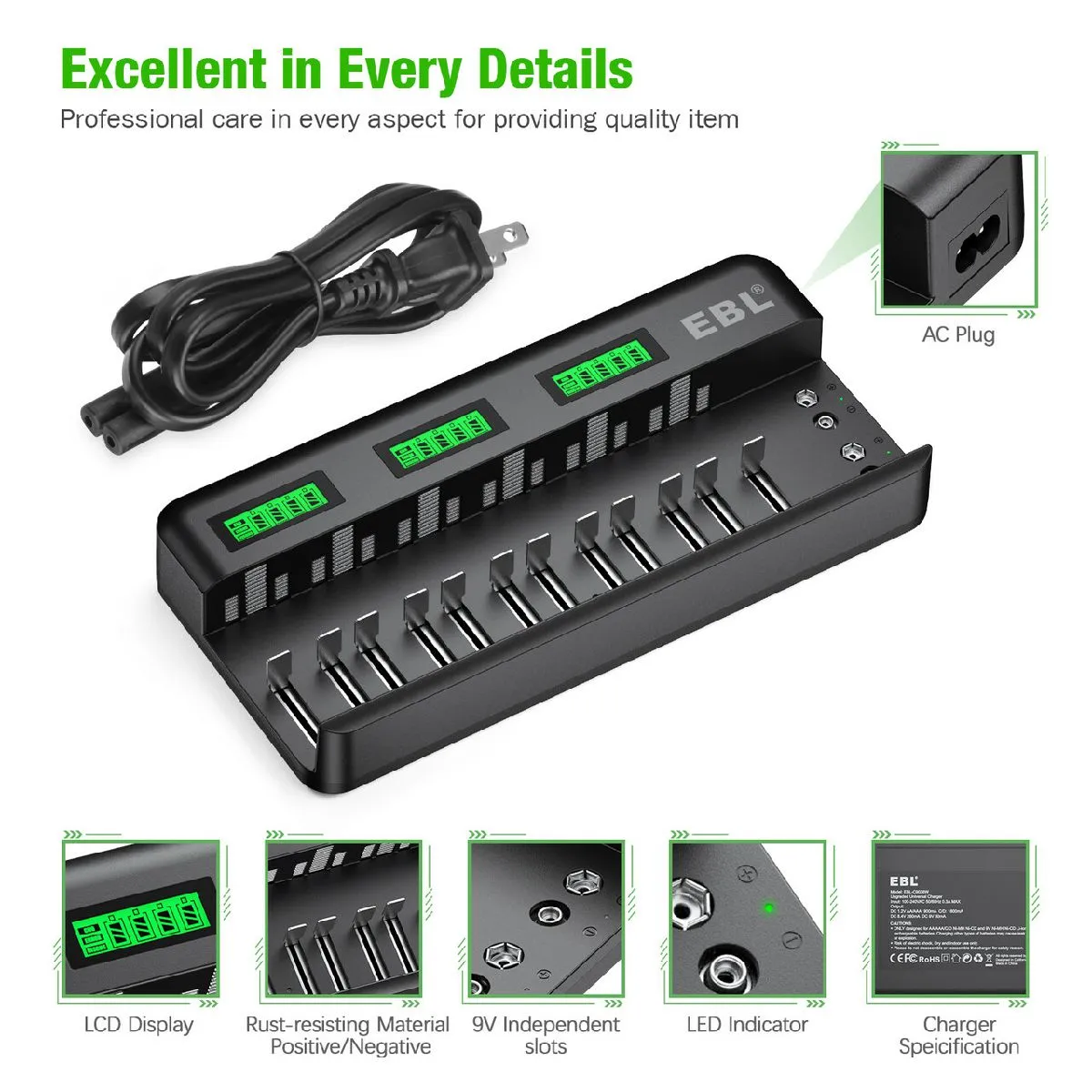 EBL 12 2 Bay Universal Battery Charger and 1.2V AA AAA Ni-Mh Rechargeable Batteries