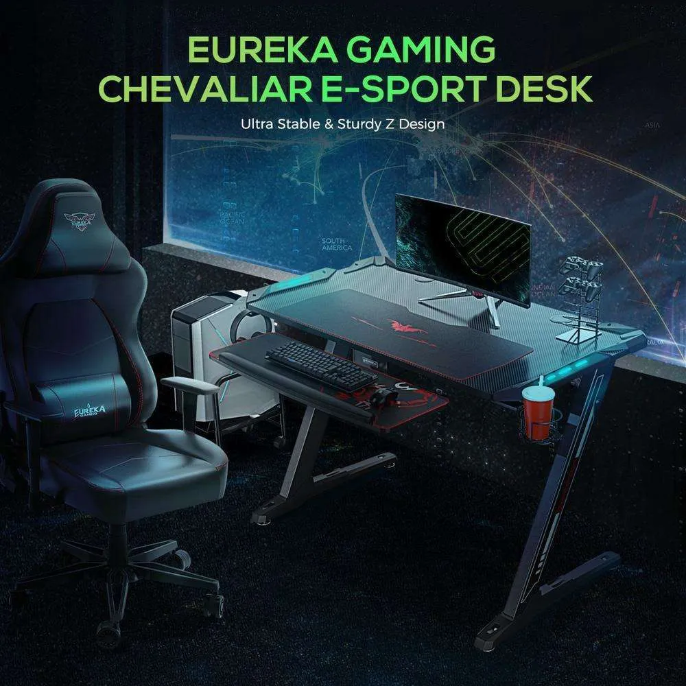 Eureka Ergonomic EDK-Z1S/Z1SRD Gaming Desk w/ RGB LED Lights, Controller Stand, Cup Holder & Headphone Hook