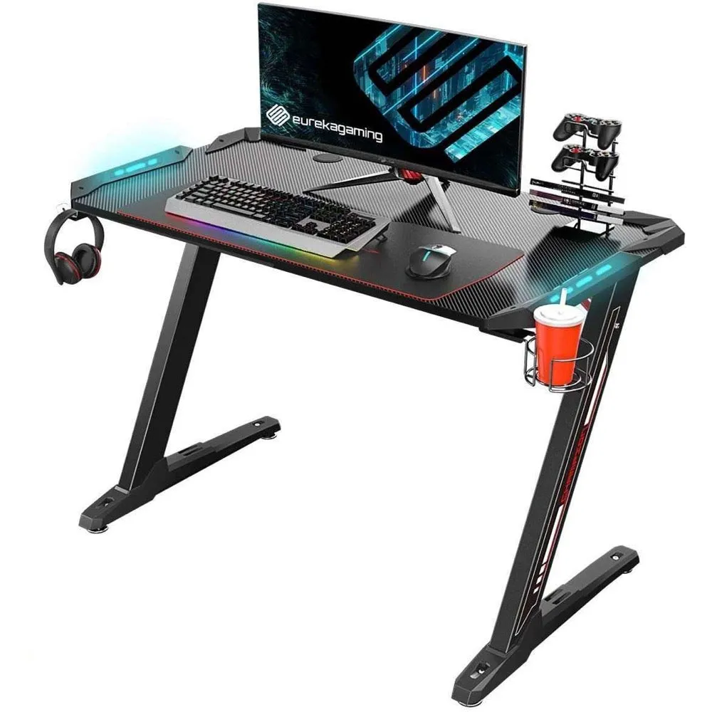 Eureka Ergonomic EDK-Z1S/Z1SRD Gaming Desk w/ RGB LED Lights, Controller Stand, Cup Holder & Headphone Hook