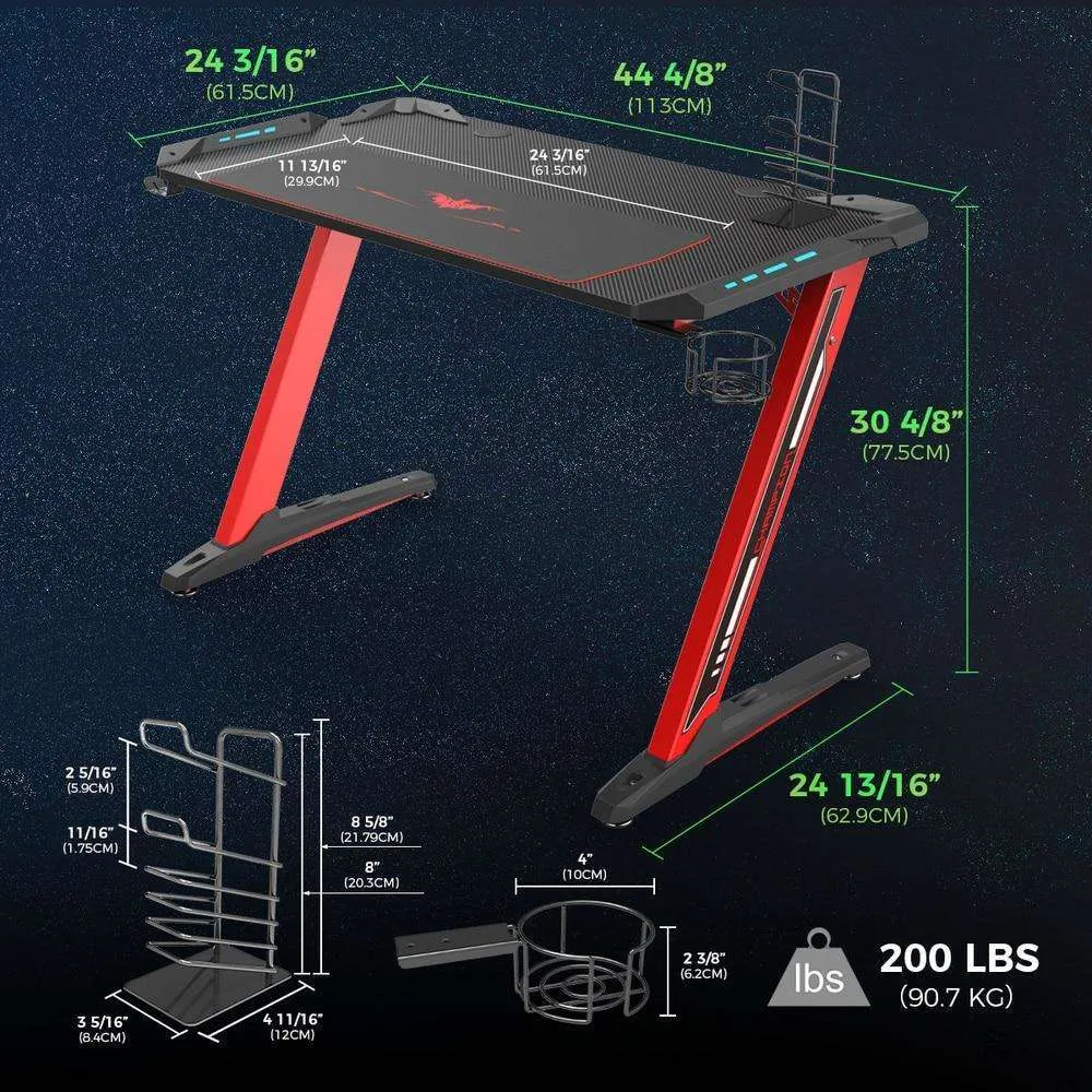 Eureka Ergonomic EDK-Z1S/Z1SRD Gaming Desk w/ RGB LED Lights, Controller Stand, Cup Holder & Headphone Hook