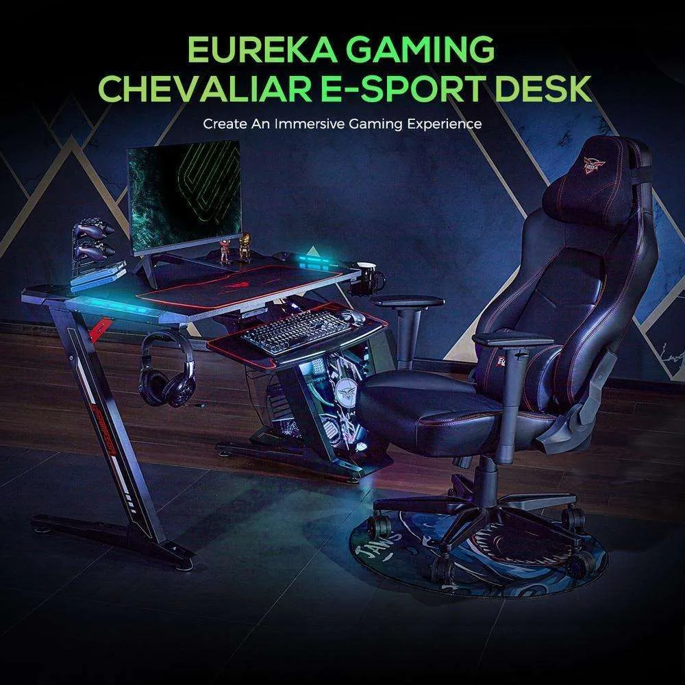 Eureka Ergonomic EDK-Z1S/Z1SRD Gaming Desk w/ RGB LED Lights, Controller Stand, Cup Holder & Headphone Hook