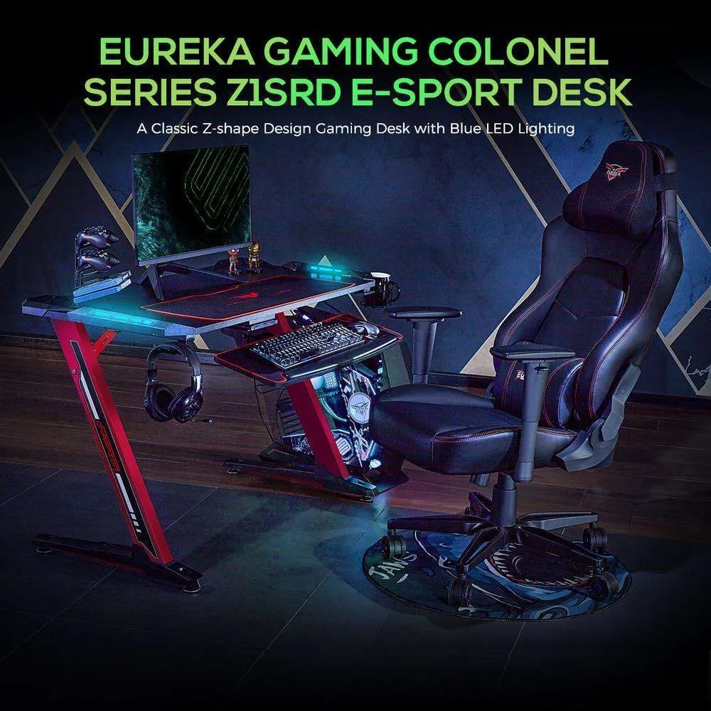 Eureka Ergonomic EDK-Z1S/Z1SRD Gaming Desk w/ RGB LED Lights, Controller Stand, Cup Holder & Headphone Hook