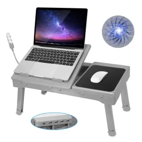 Foldable Laptop Table Bed Desk w/Cooling Fan Mouse Board LED 4 USB Ports Snacking Tray with Storage for Home Office - Gray