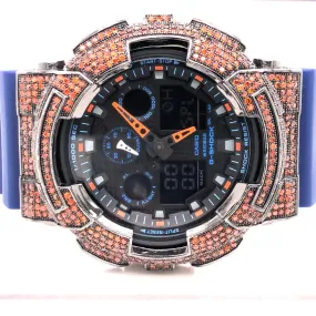 G Shock Blue & Orange Iced Out Bezel Analog & Digital