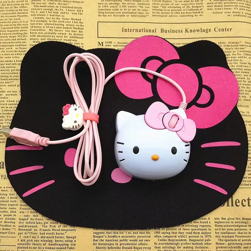 Hello Kitty Inspired Black and Pink Wired Mouse with Mouse Pad