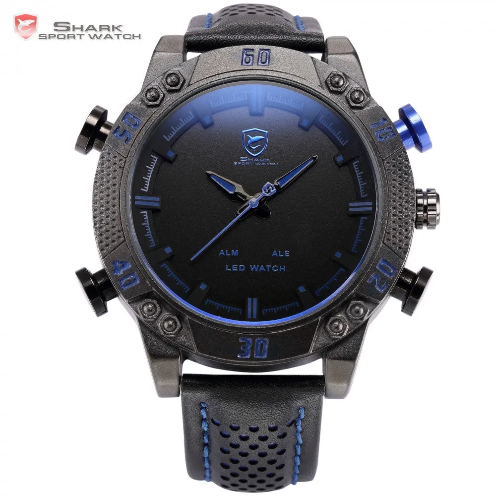 Kitefin Shark Sport Watch Blue LED Back Light Auto Date Display Leather Strap Quartz Digital Outdoor Men Military Watches