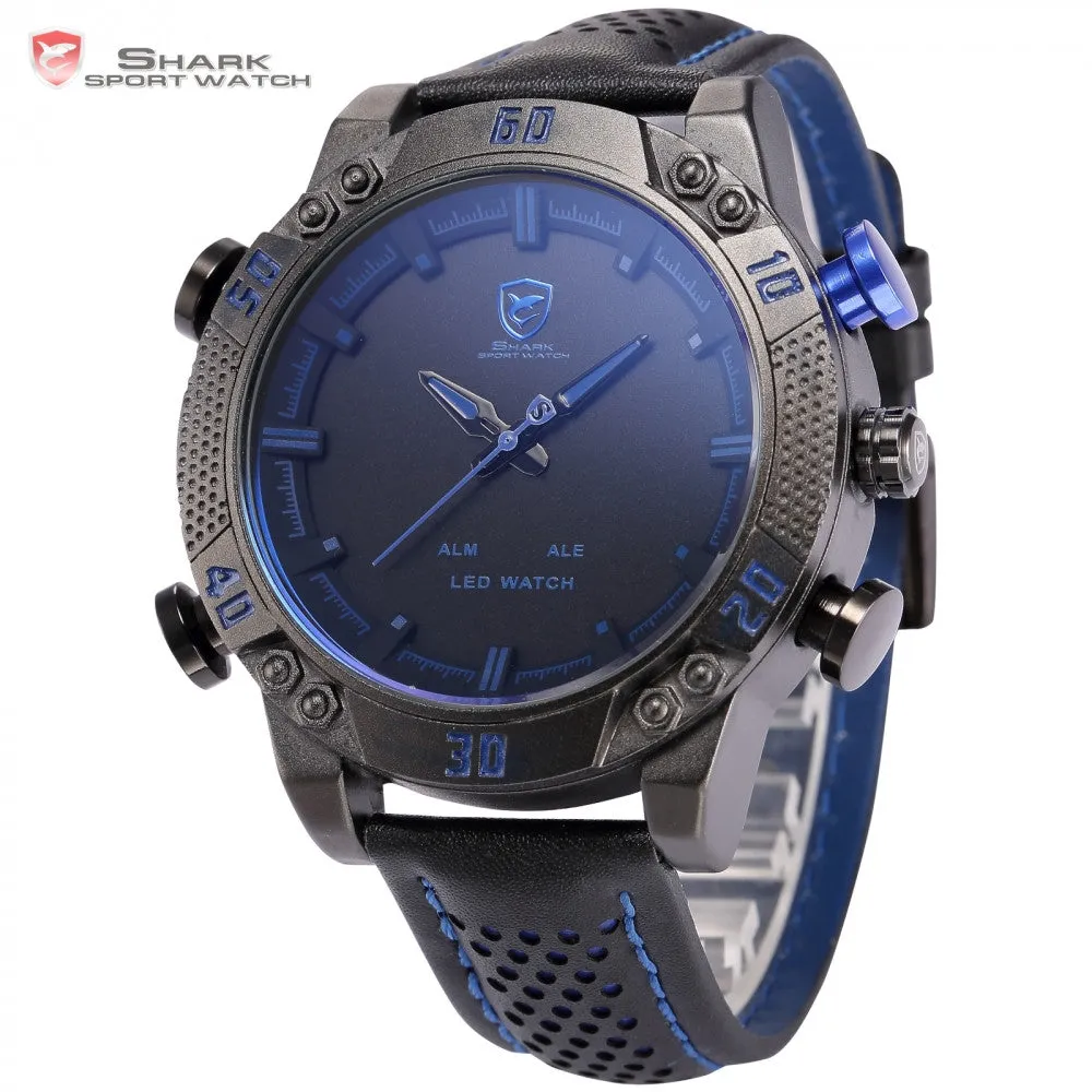 Kitefin Shark Sport Watch Blue LED Back Light Auto Date Display Leather Strap Quartz Digital Outdoor Men Military Watches