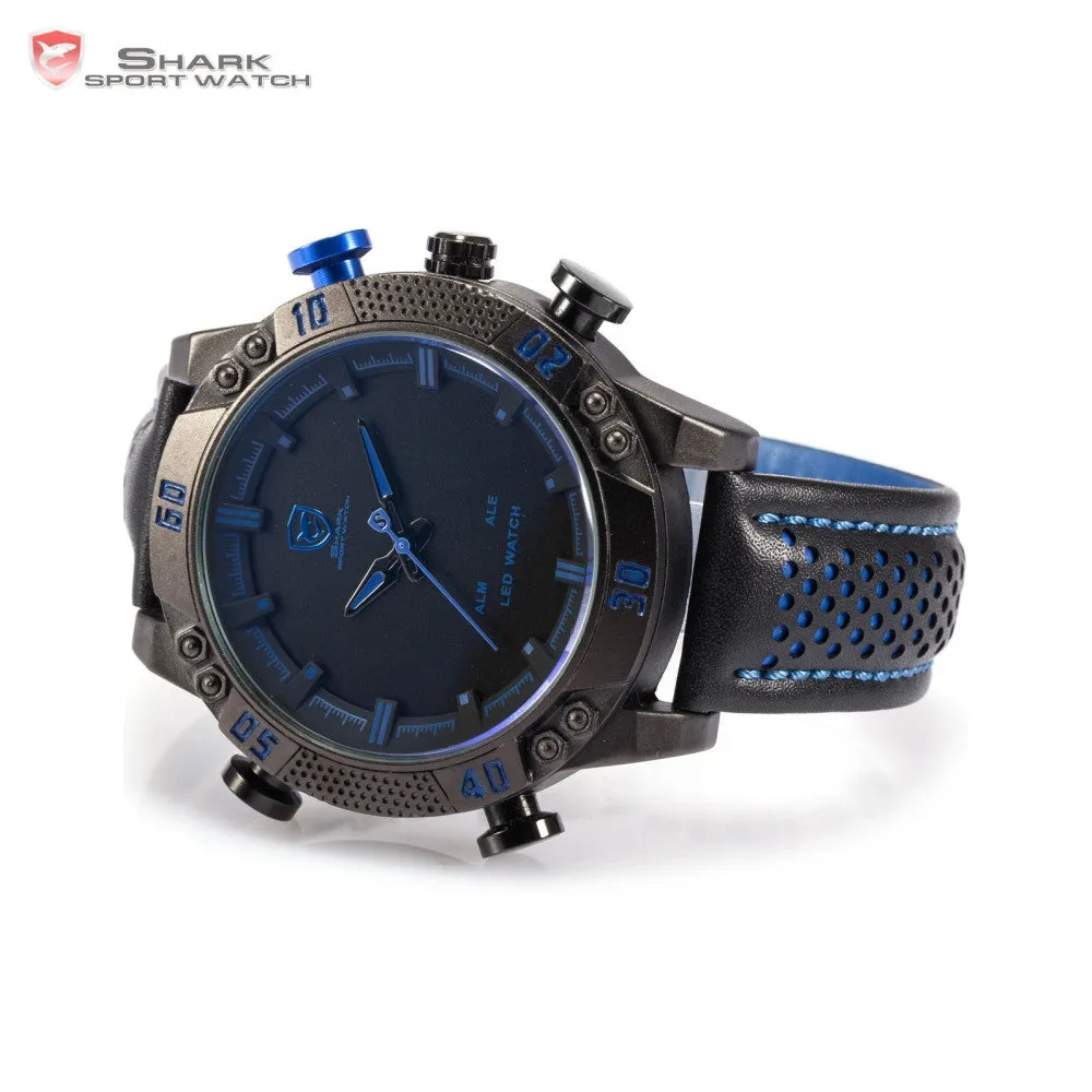 Kitefin Shark Sport Watch Blue LED Back Light Auto Date Display Leather Strap Quartz Digital Outdoor Men Military Watches