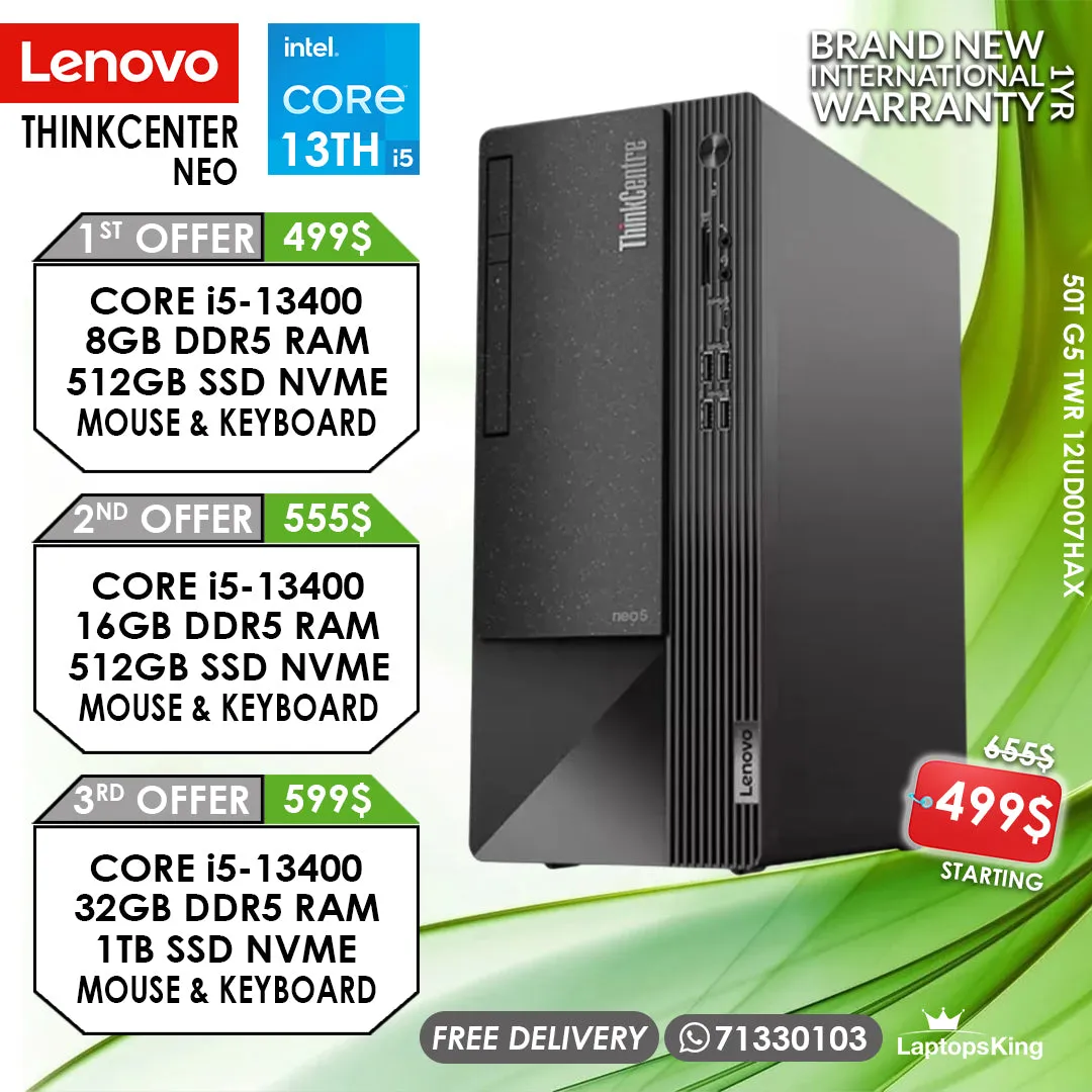 Lenovo Thinkcenter Neo Tower 50T G5 TWR 12UD007HAX Core i5-13400 Desktops (Brand New)