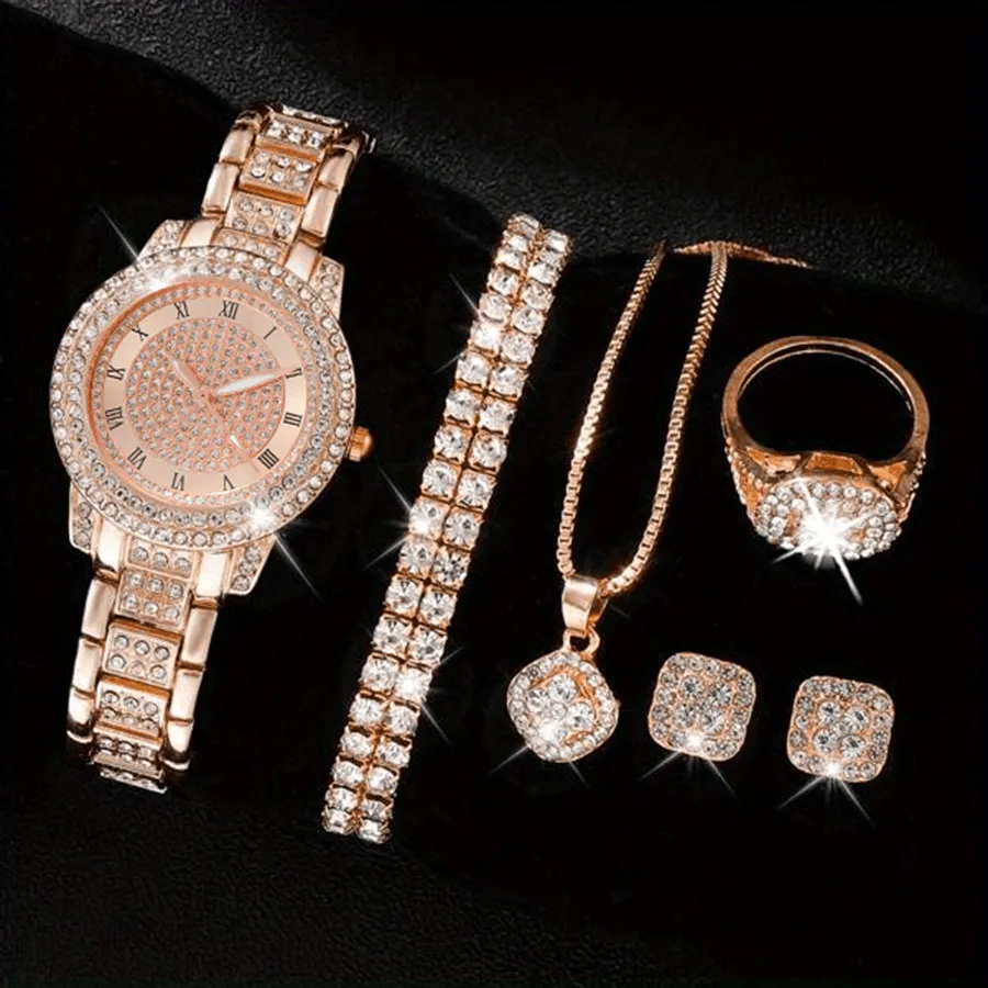 Luxury Rhinestone Quartz Watch  Jewelry Set Womens Perfect Gift