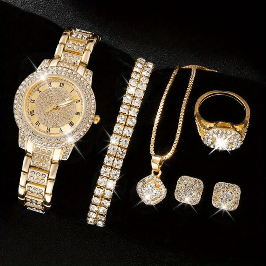 Luxury Rhinestone Quartz Watch  Jewelry Set Womens Perfect Gift