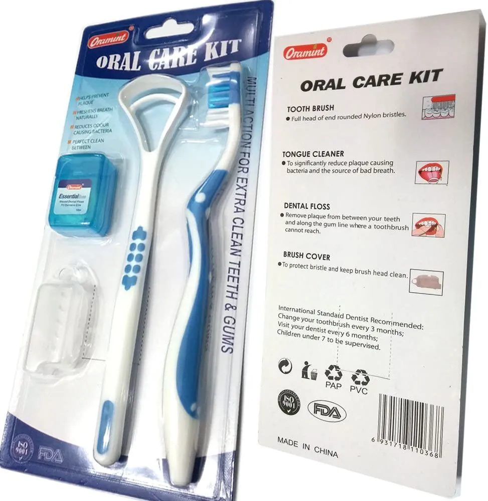 Oral Care Dental Hygiene Kit (4p) Toothbrush, Toothbrush Cap, Tongue-Cleaner, Dental Floss