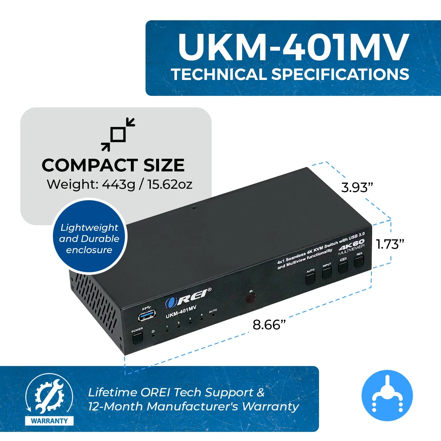 OREI 4K 4x1 KVM Switch with USB 3.0 and Multiview Functionality (UKM-401MV)