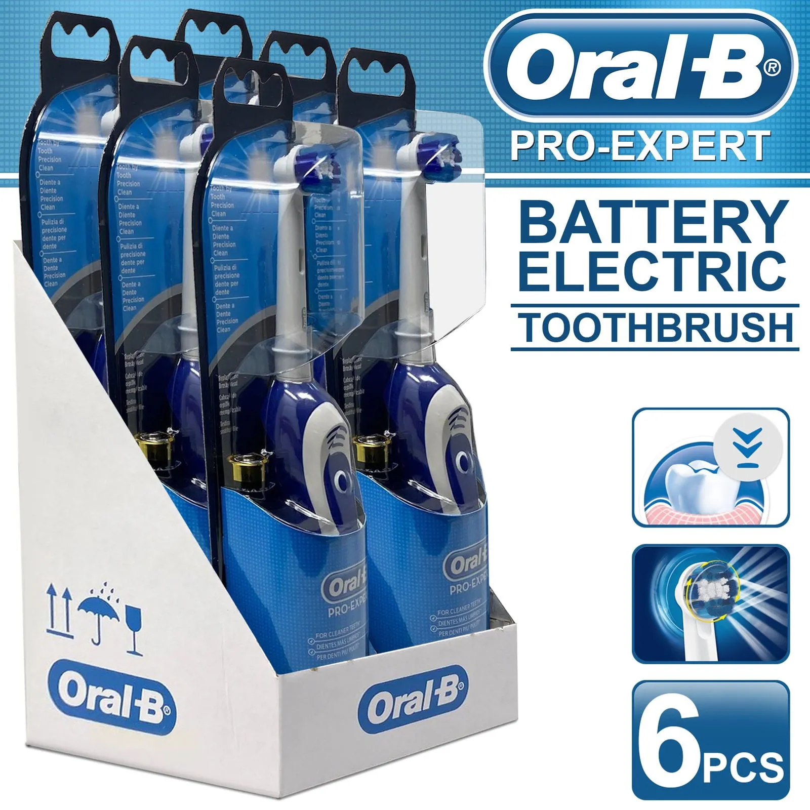 Pack of 6 Oral-B Pro-Expert Battery Toothbrush with 2D Cleaning, Blue & White