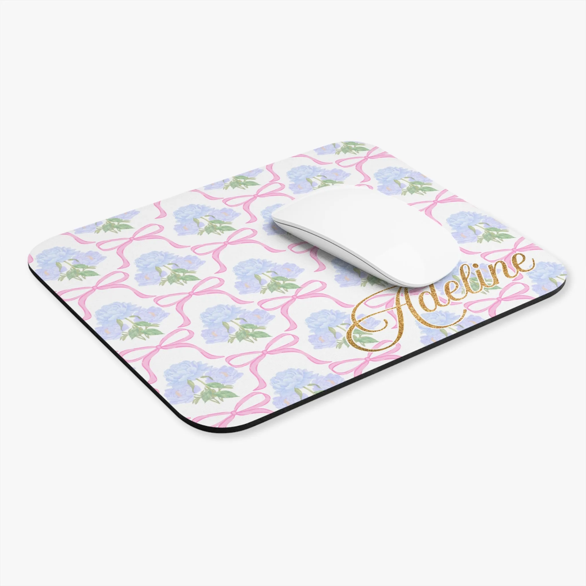 PERSONALIZED Adeline Print | Blue Hydrangea Mouse Pad with Pink Bow Design, Rectangle Office Desk Decor, Floral Computer Accessory