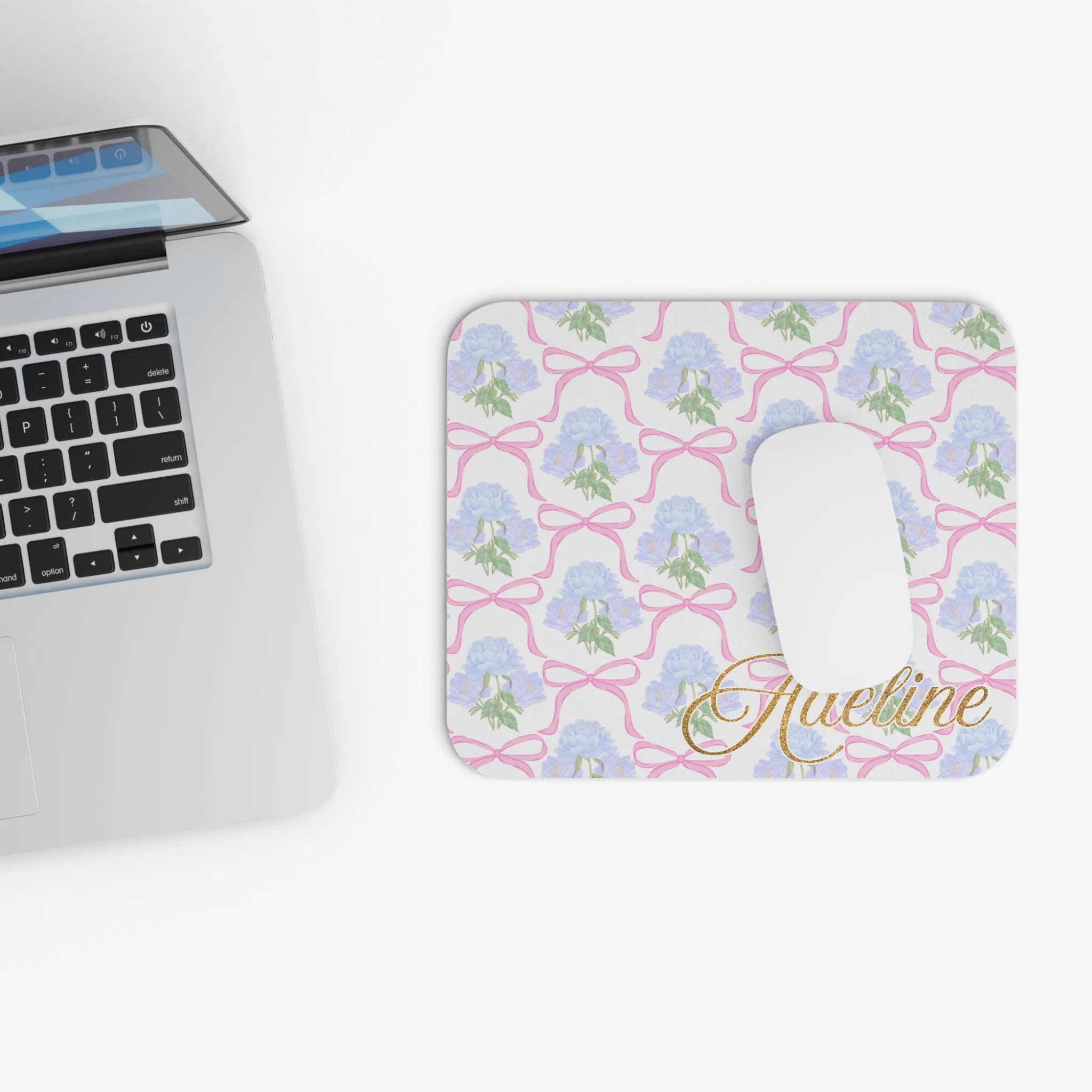 PERSONALIZED Adeline Print | Blue Hydrangea Mouse Pad with Pink Bow Design, Rectangle Office Desk Decor, Floral Computer Accessory