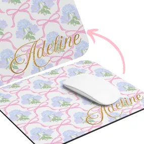 PERSONALIZED Adeline Print | Blue Hydrangea Mouse Pad with Pink Bow Design, Rectangle Office Desk Decor, Floral Computer Accessory