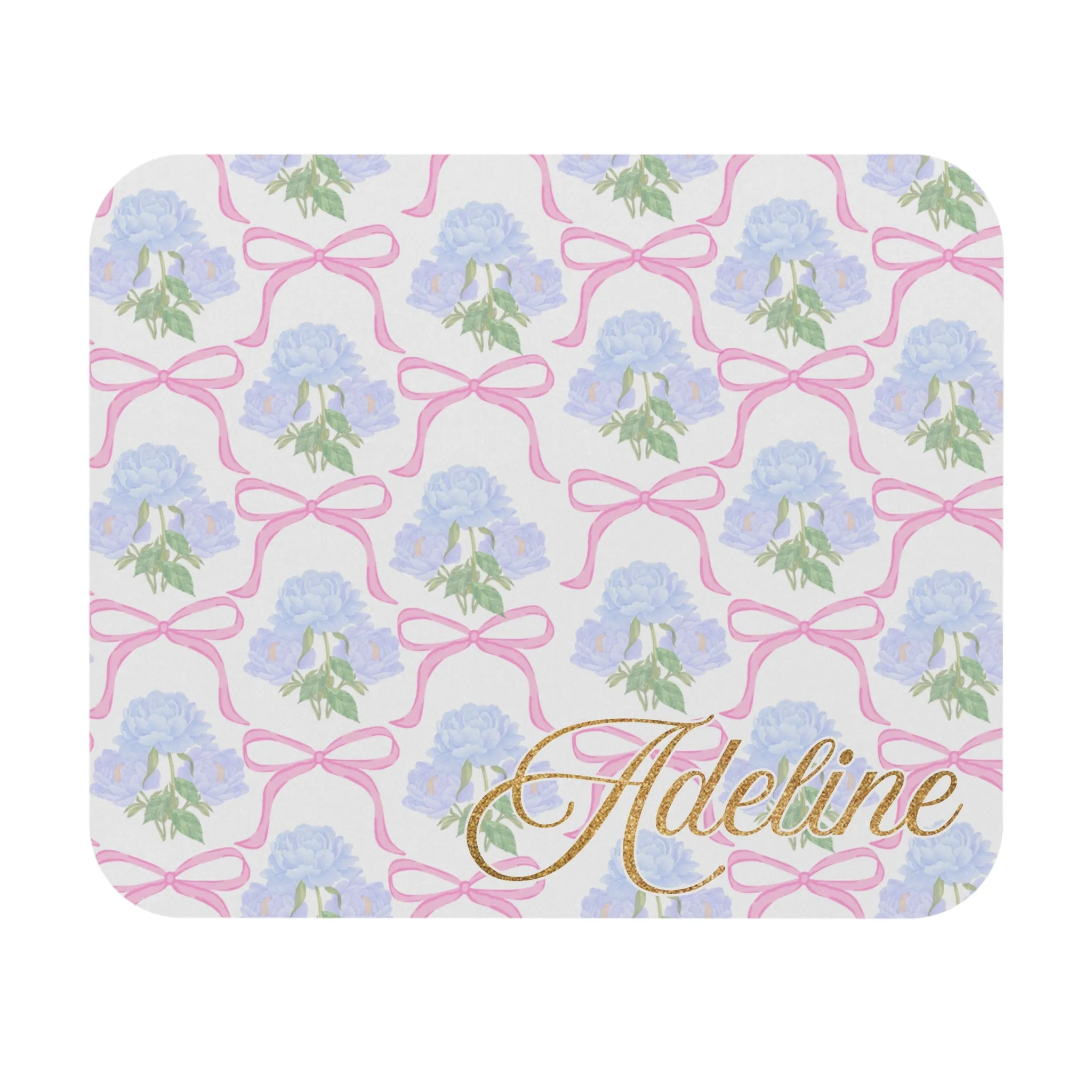 PERSONALIZED Adeline Print | Blue Hydrangea Mouse Pad with Pink Bow Design, Rectangle Office Desk Decor, Floral Computer Accessory