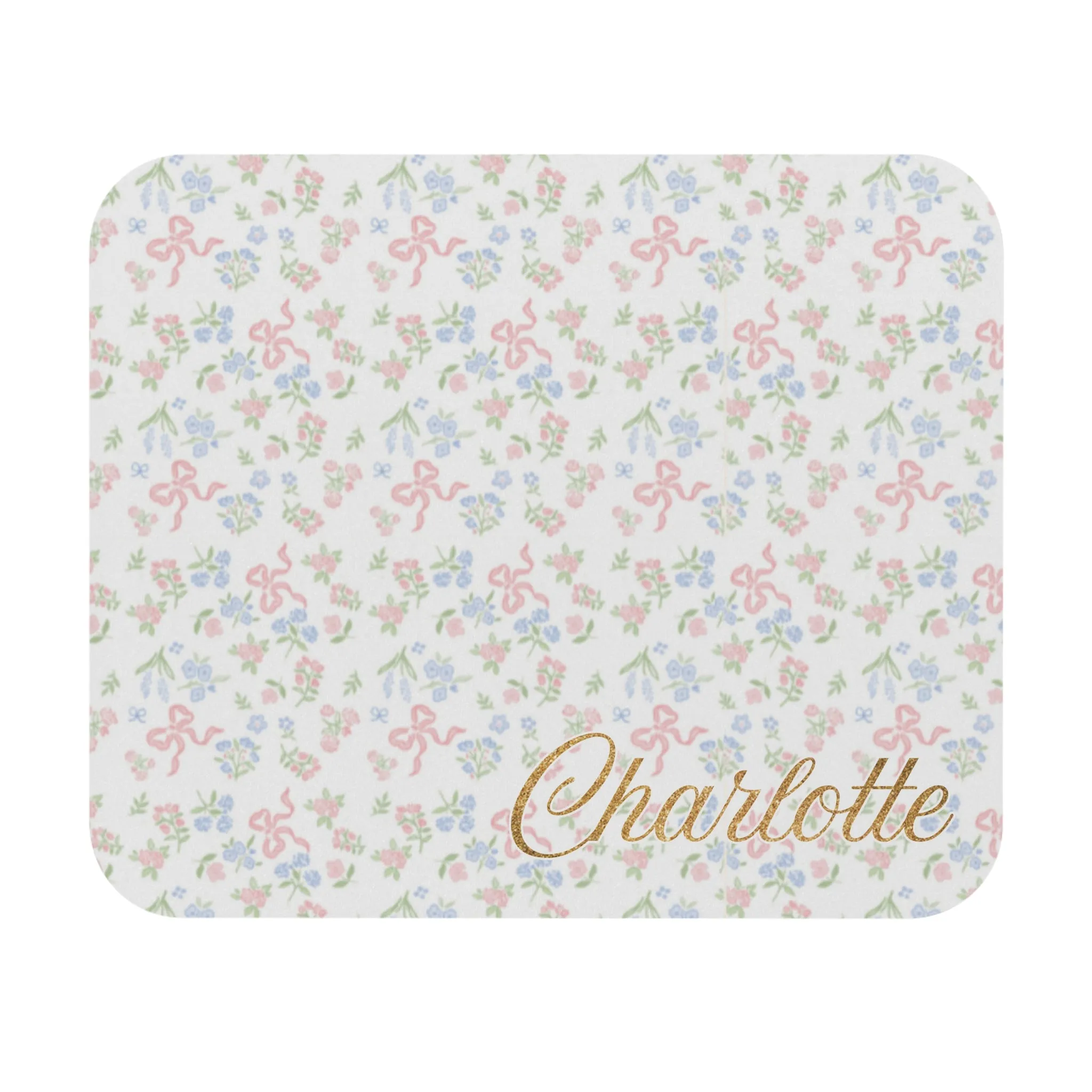 PERSONALIZED Adeline Print | Blue Hydrangea Mouse Pad with Pink Bow Design, Rectangle Office Desk Decor, Floral Computer Accessory