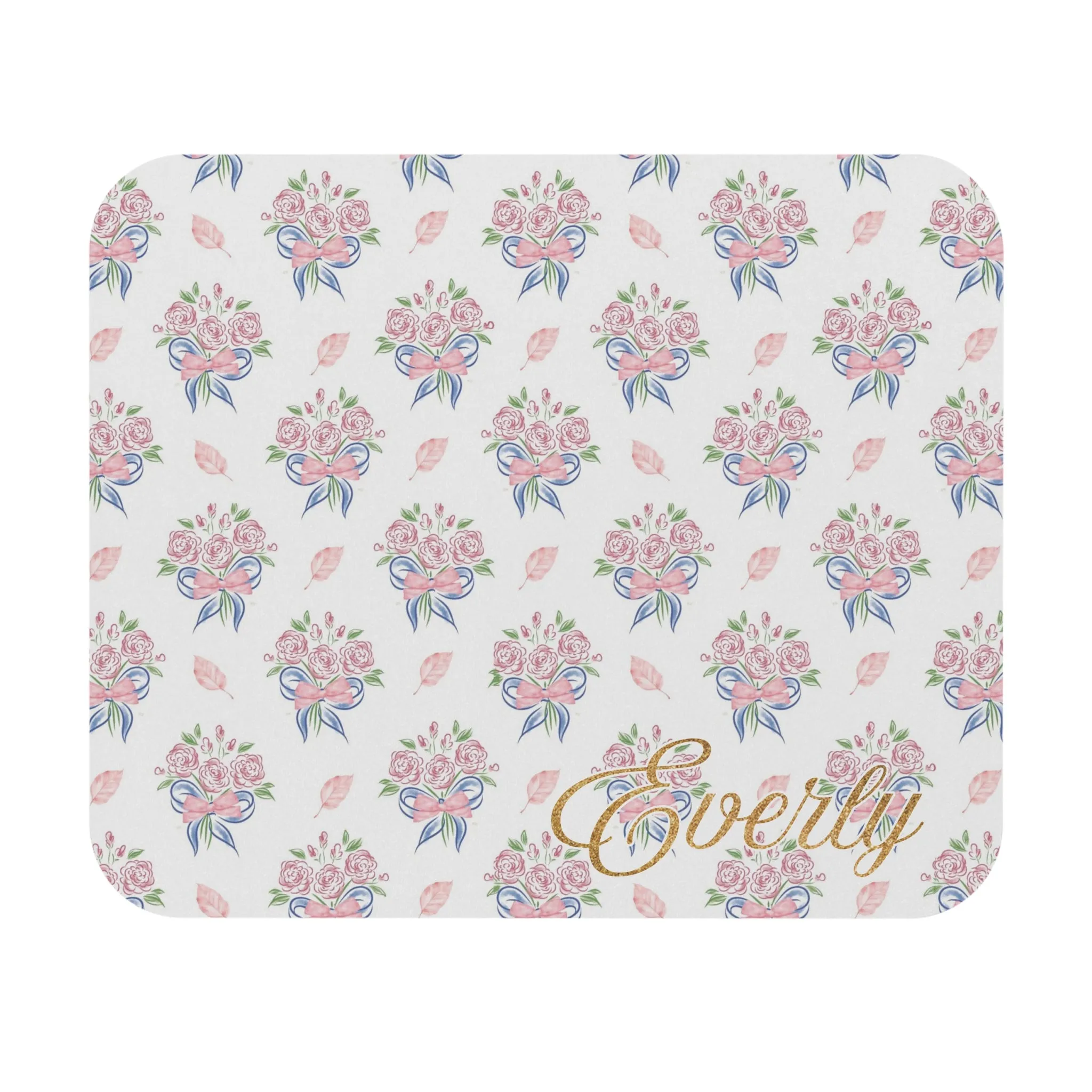 PERSONALIZED Adeline Print | Blue Hydrangea Mouse Pad with Pink Bow Design, Rectangle Office Desk Decor, Floral Computer Accessory