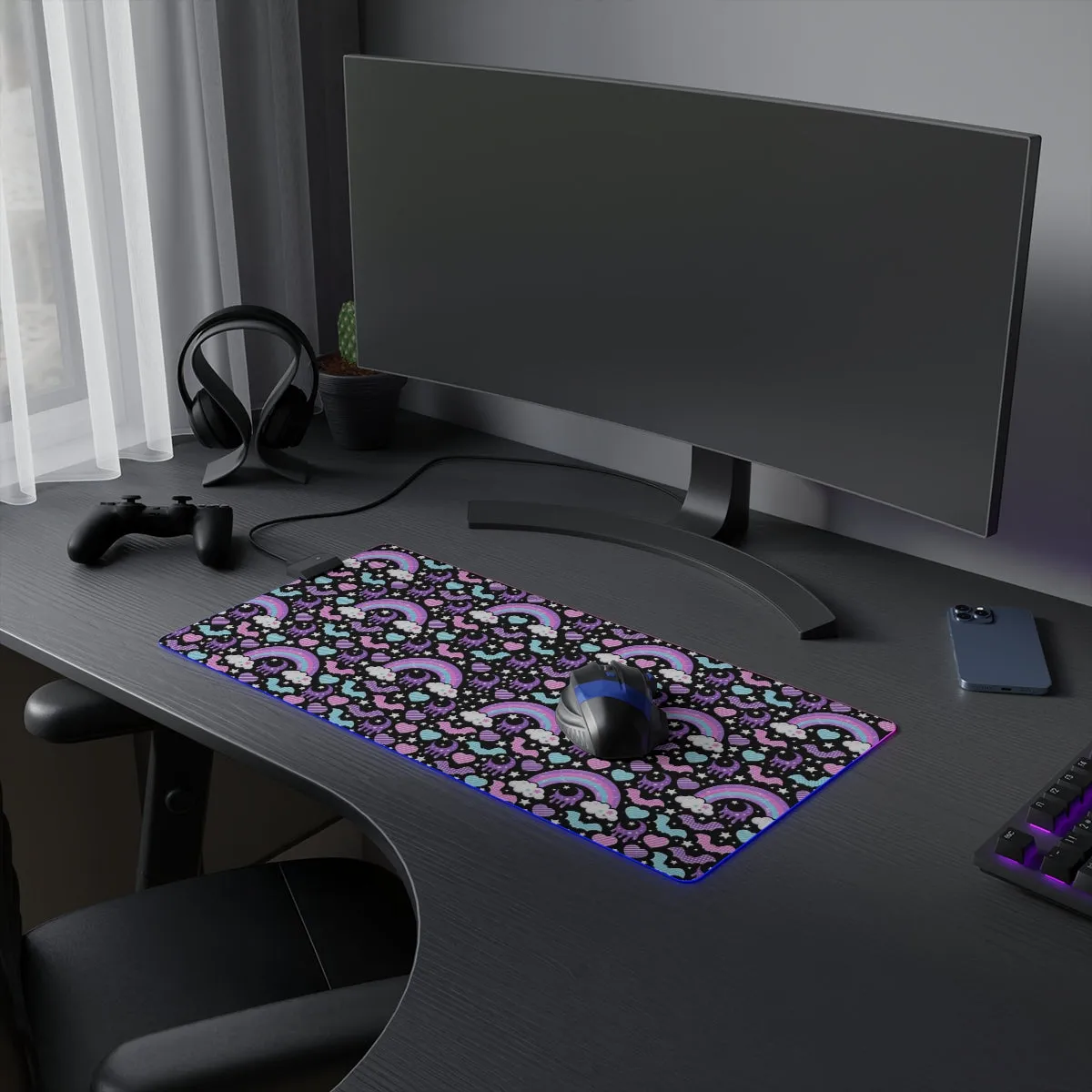 Rainbow Spooky Bats Black LED Gaming Mouse Pad