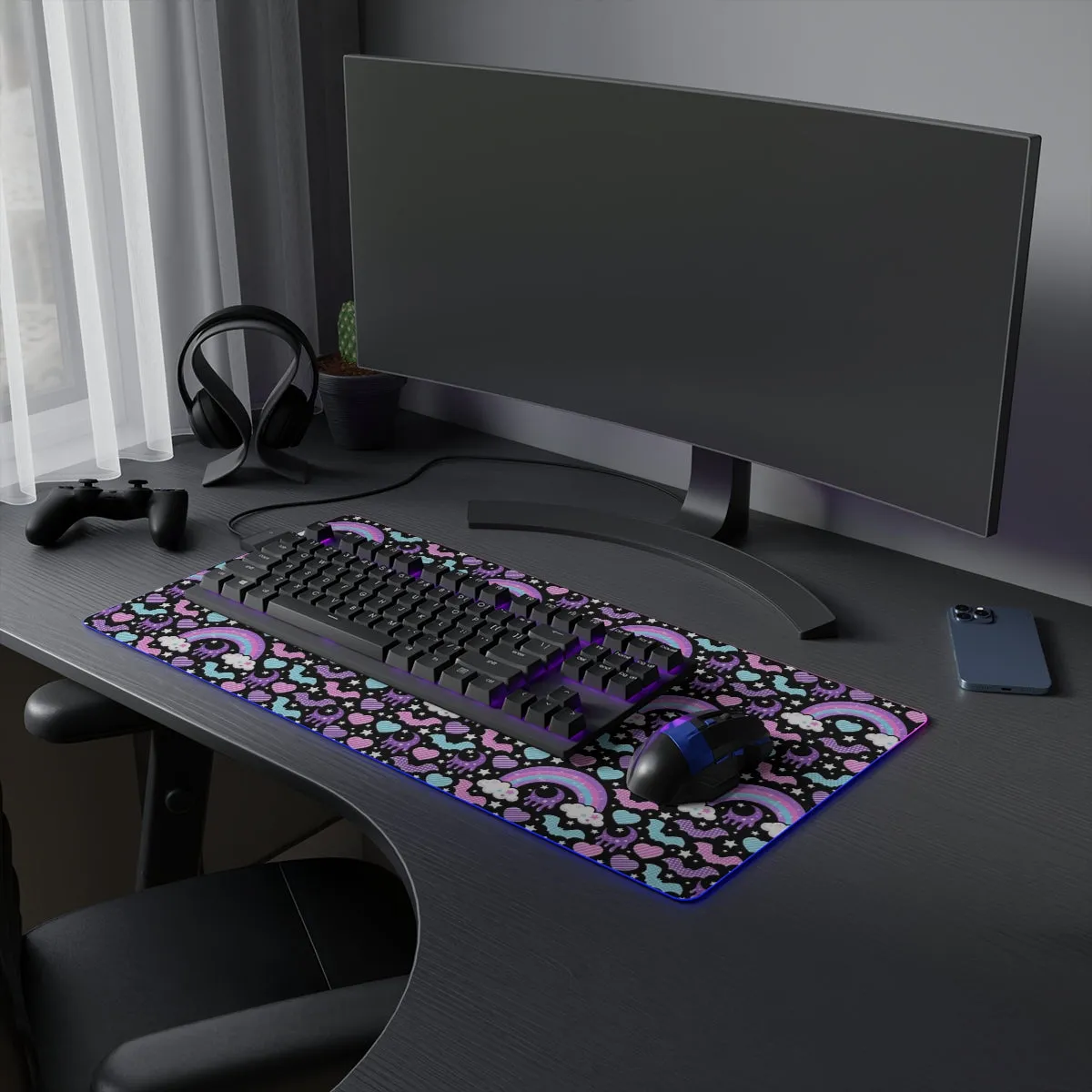 Rainbow Spooky Bats Black LED Gaming Mouse Pad