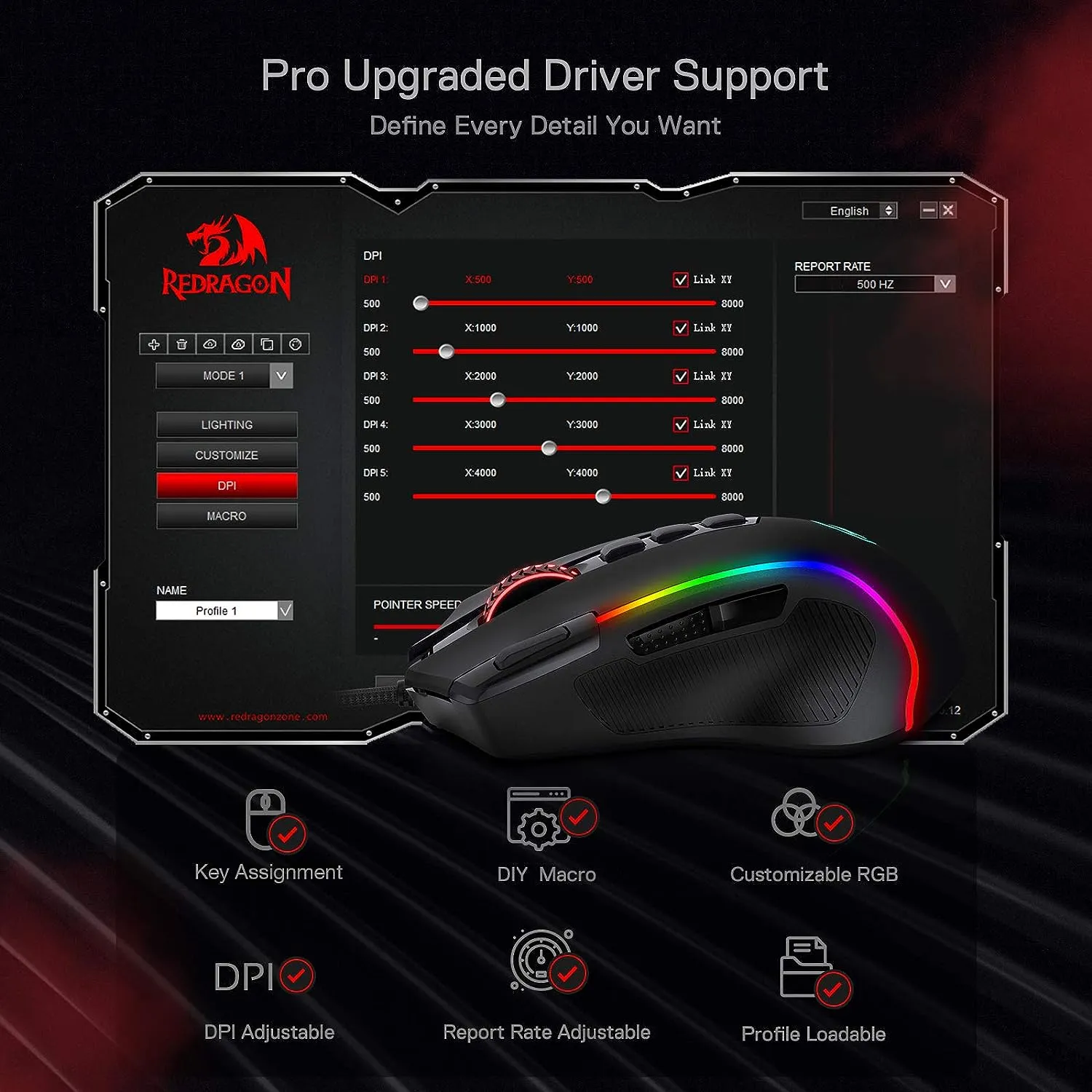 Redragon M612 Predator RGB Optical USB Wired Gaming Mouse with Up to 8000 DPI, Pentakill 5 DPI Levels, 5 Backlit Modes,11 Programmable Buttons, Software Supports DIY Key binds Rapid Fire Button