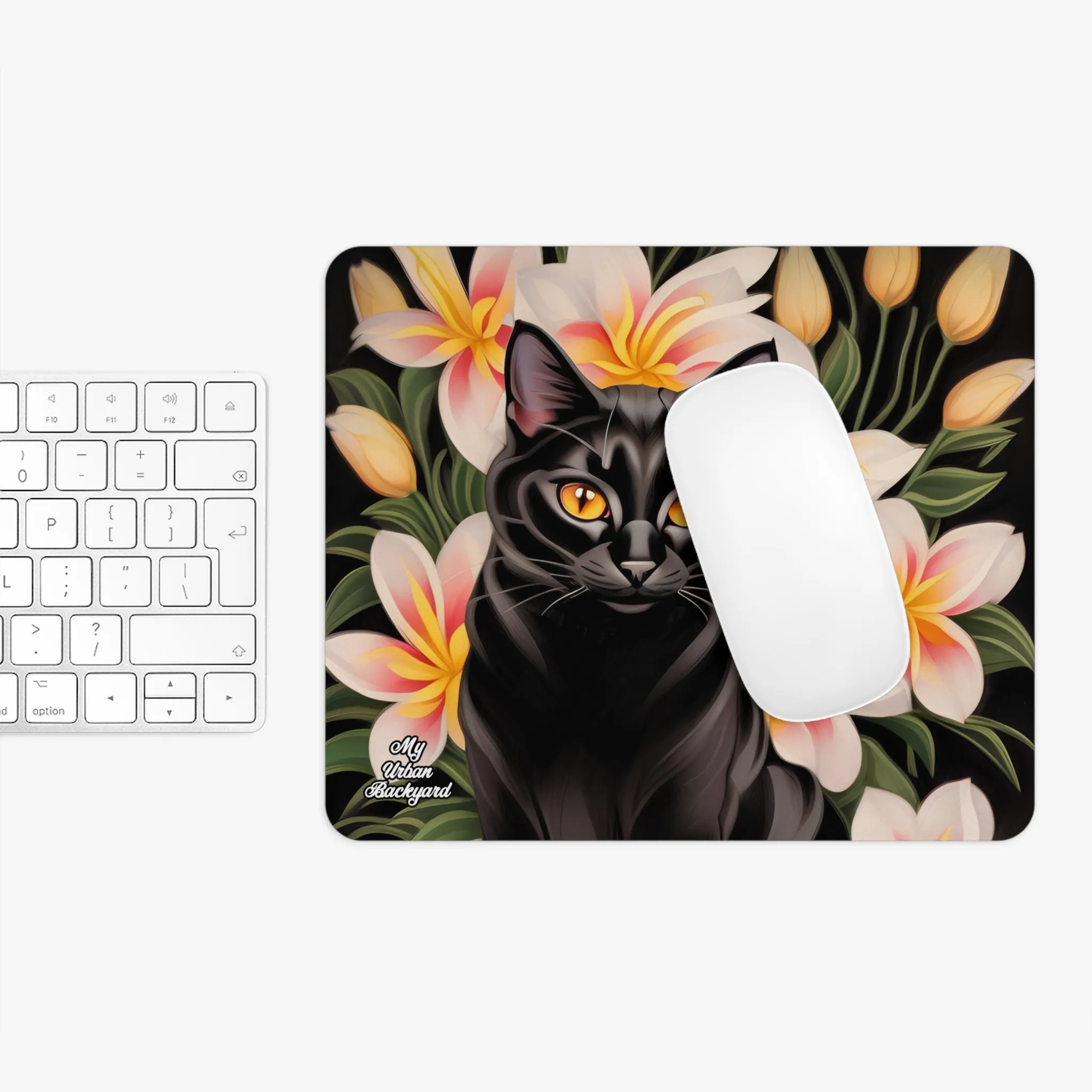 Silky Black Cat with Flowers, Computer Mouse Pad - for Home or Office