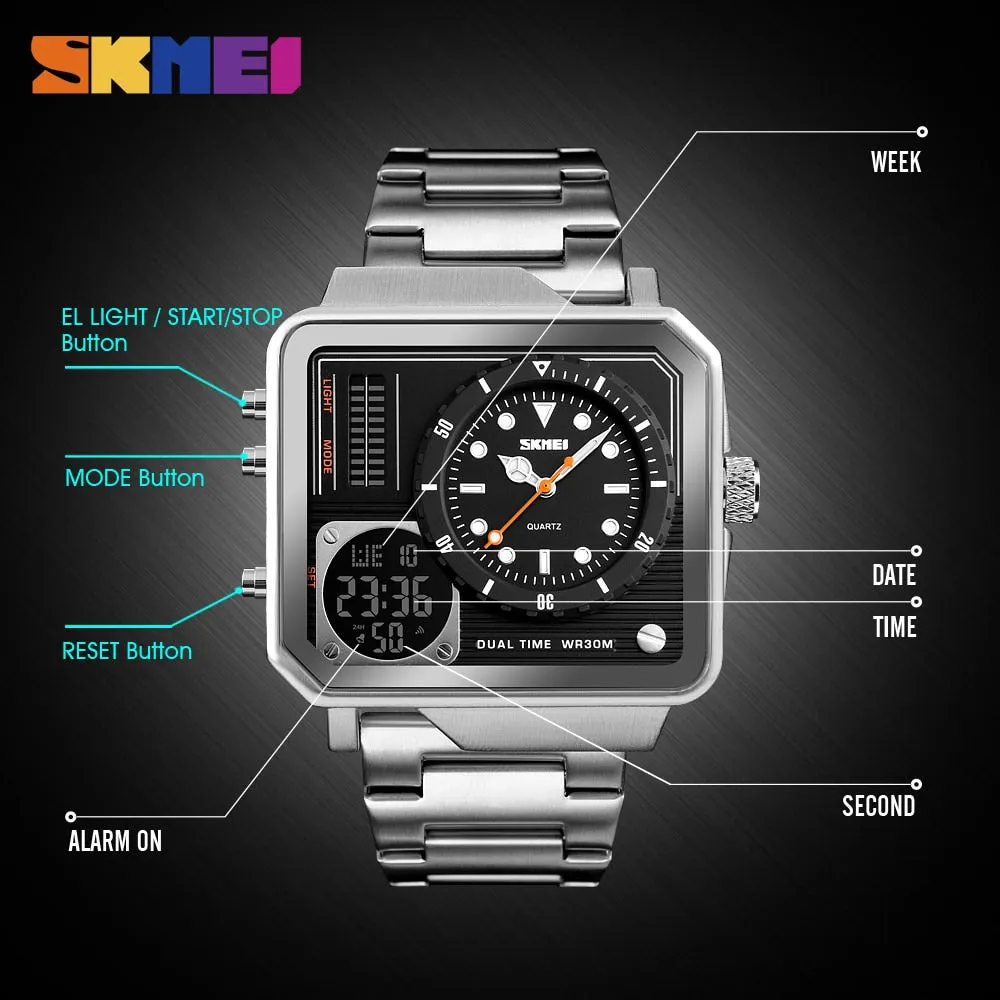 SKMEI Men Digital Electronic Watch Stainless Steel Strap Watches Day Date Display Personality Alarm Watchs Relogio Masculino