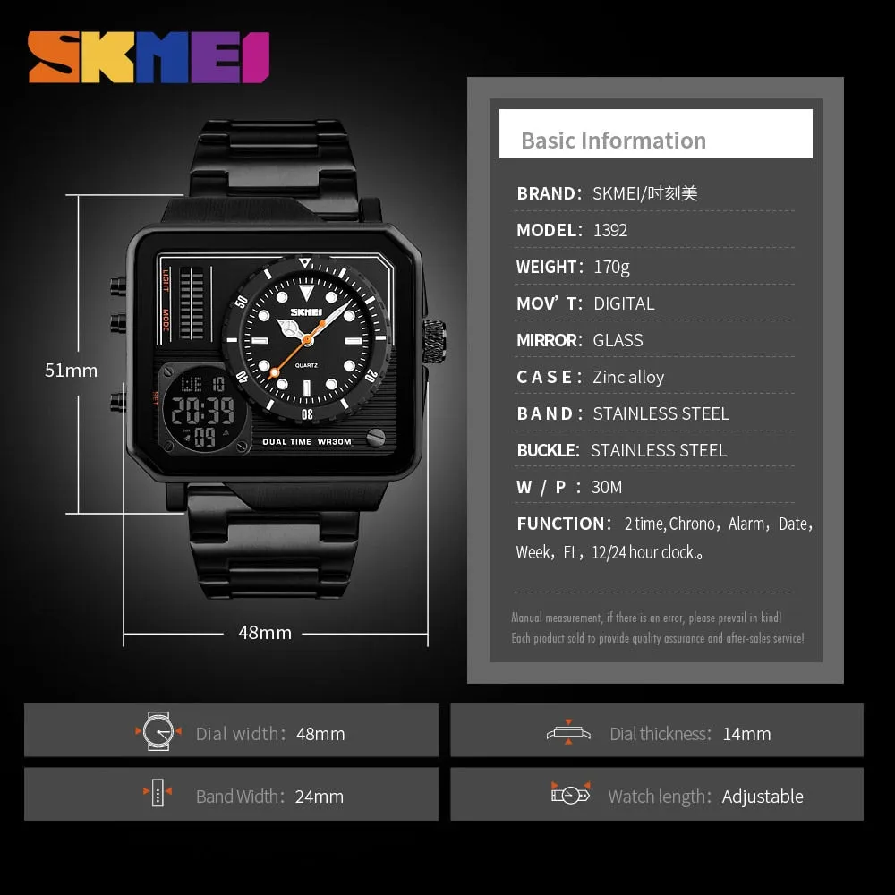 SKMEI Men Digital Electronic Watch Stainless Steel Strap Watches Day Date Display Personality Alarm Watchs Relogio Masculino