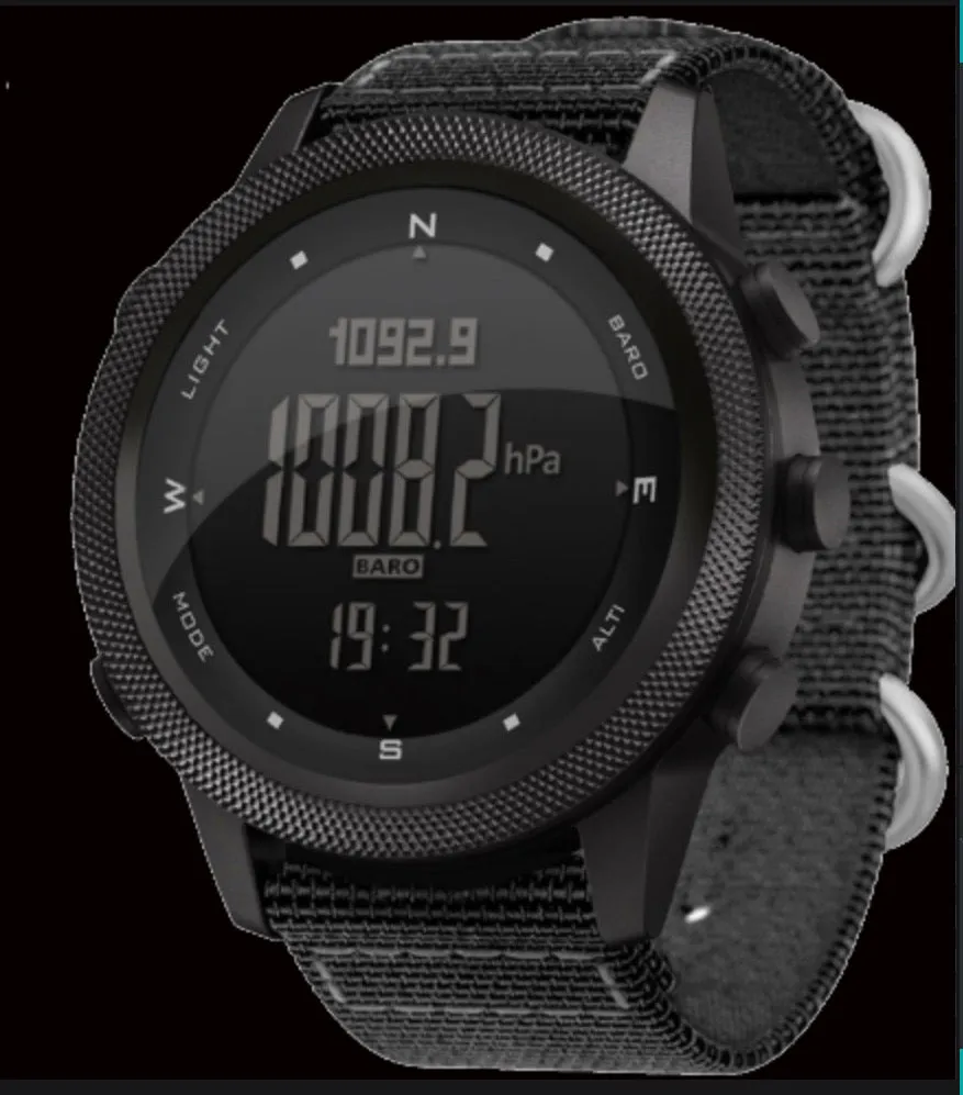 Tactical Military Watch with LCD Digital Display. Functions Include Altimeter, Barometer, Compass, Dual Time Zones and Step Counter