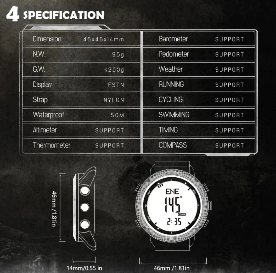 Tactical Military Watch with LCD Digital Display. Functions Include Altimeter, Barometer, Compass, Dual Time Zones and Step Counter