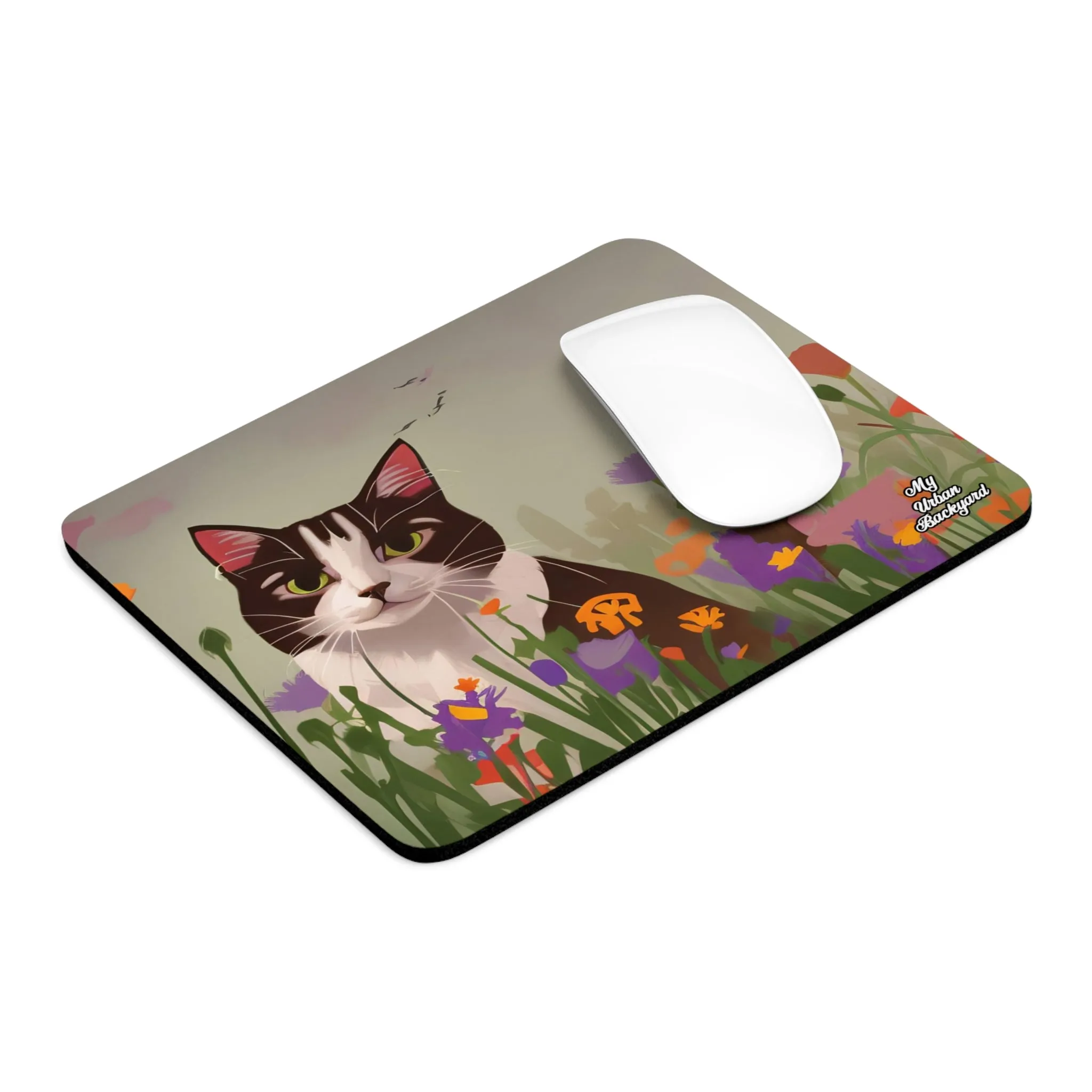 Tuxedo Cat with Flowers, Computer Mouse Pad - for Home or Office