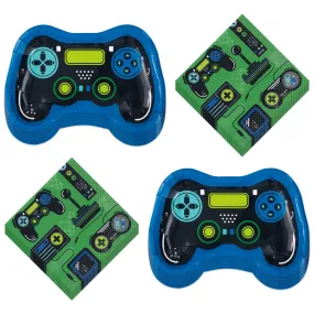 Video Game Party Gaming Controller Shaped Paper Plates and Lunch Napkins (16 Plates & Napkins)