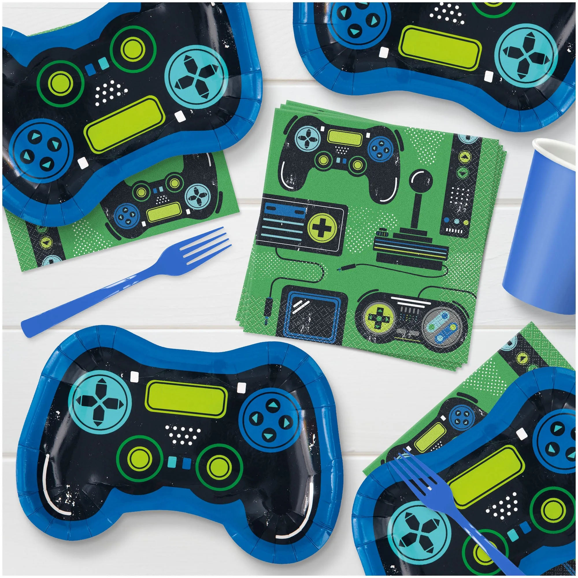 Video Game Party Gaming Controller Shaped Paper Plates and Lunch Napkins (16 Plates & Napkins)